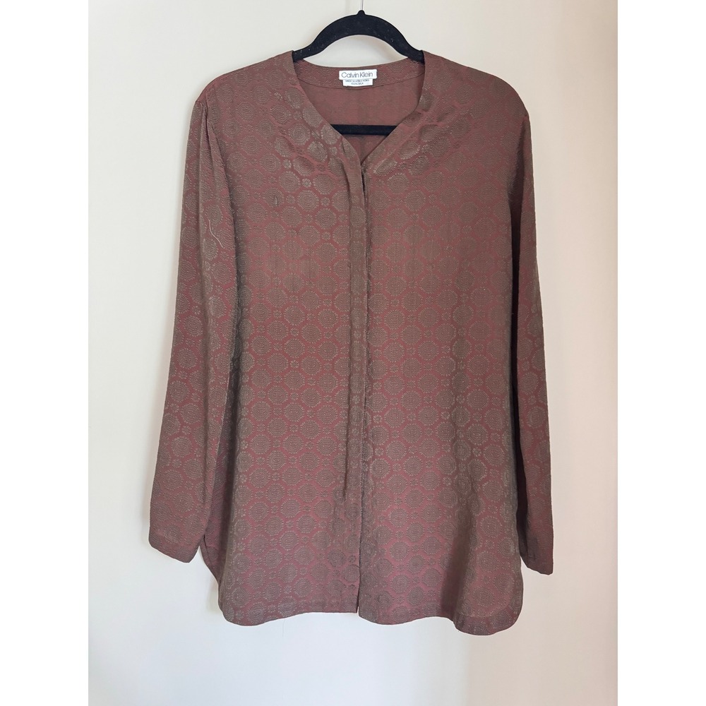 Calvin Klein Vintage 100% Silk Jacquard Blouse Geometric Long Sleeve 70s. 80s